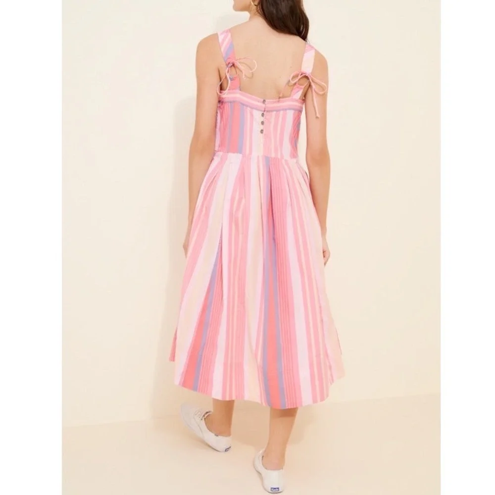 Free People NWT Primavera Cotton Tie Straps Stripe Midi Dress in Pink Size Large